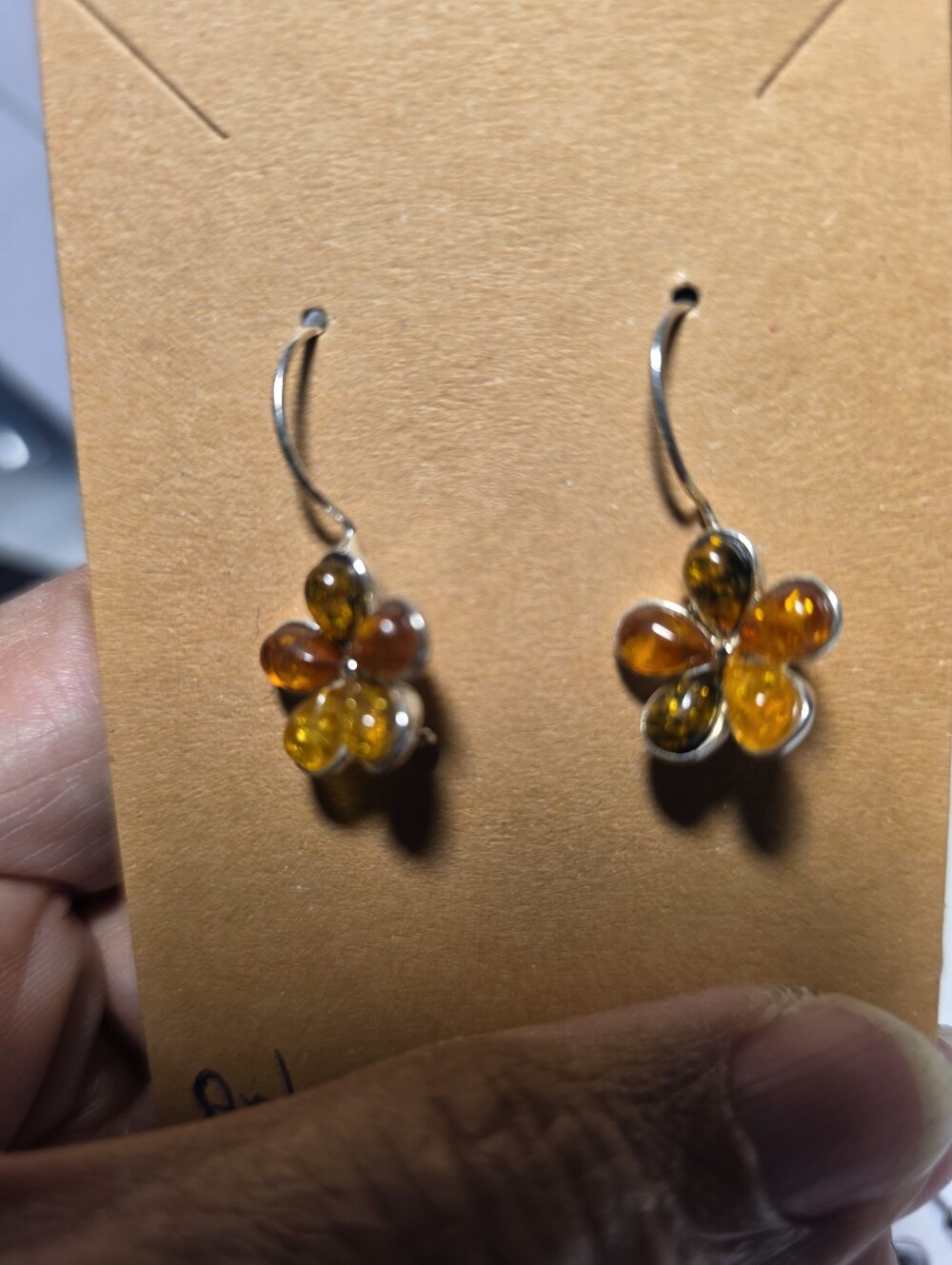 Sterling Silver Amber Flower Drop Earrings - Amber Tones